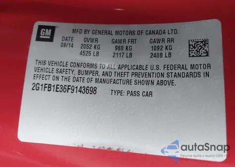 2015 Chevrolet Camaro 2Ls z USA, uszkodzony, nr VIN 2G1FB1E36F9143698